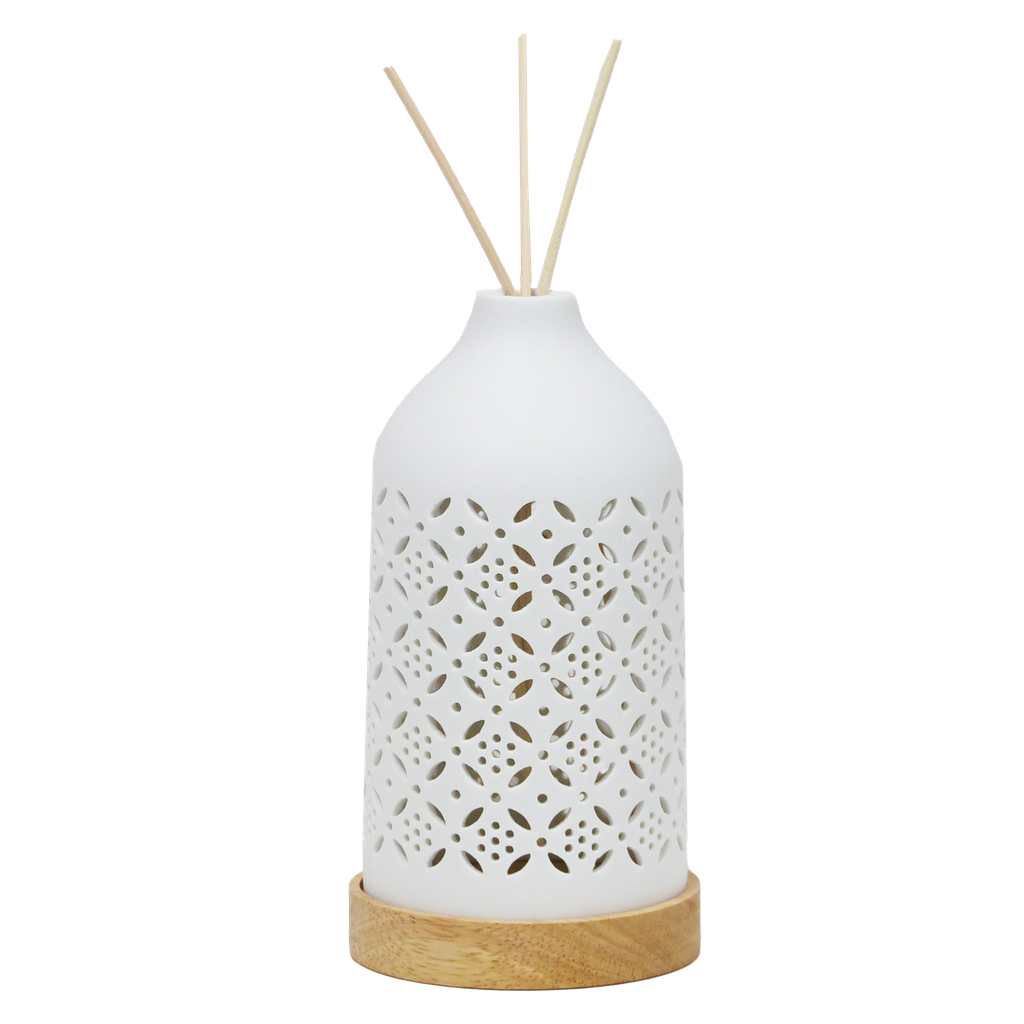 Diffuseur de parfum par capillarité en céramique avec LED - Forme bouteille motif rosaces
