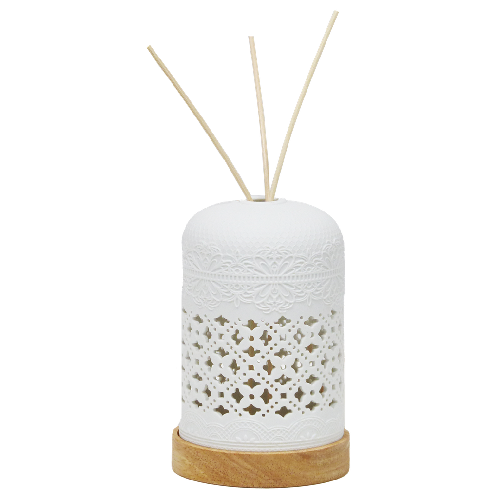 Diffuseur de parfum par capillarité en céramique avec LED - Motif dentelle